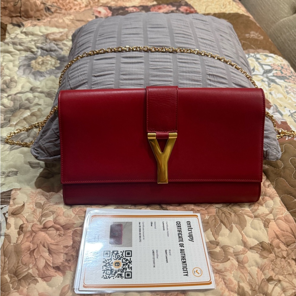 Saint Laurent Red Leather Shoulder Bag with Gold Y Hardware and Chain